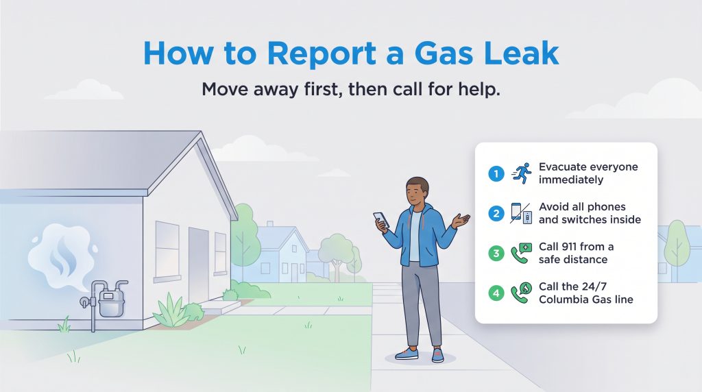 Illustration showing four steps to safely report a gas leak by first evacuating the area