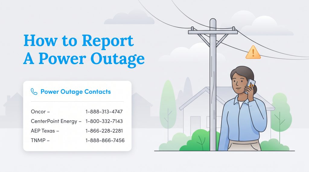 Utility company contact numbers for reporting power outages in Texas next to an illustration