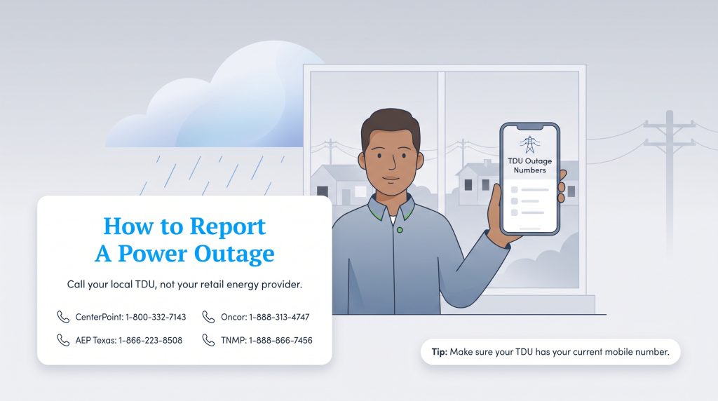 Illustration with phone numbers for Texas utility companies to report a power outage.