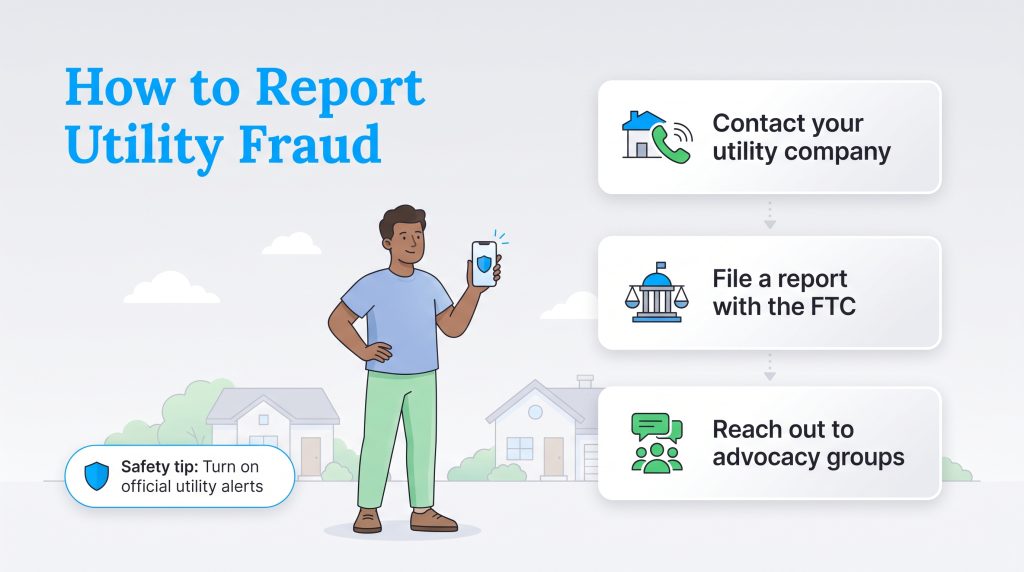Illustration outlining three steps to report utility fraud and protect your community