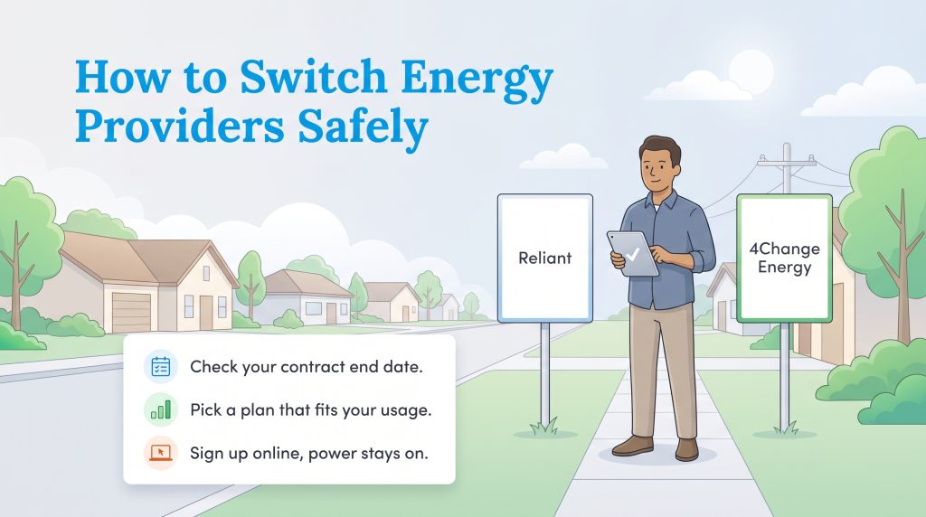 Man standing between Reliant and 4Change Energy signs showing steps to switch providers safely
