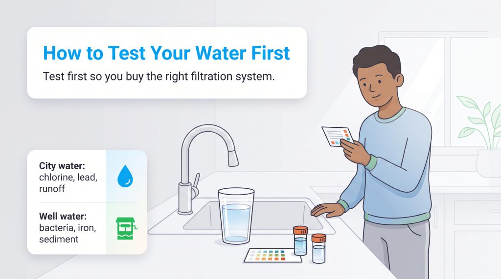 An illustration of a man testing his kitchen tap water quality using test strips