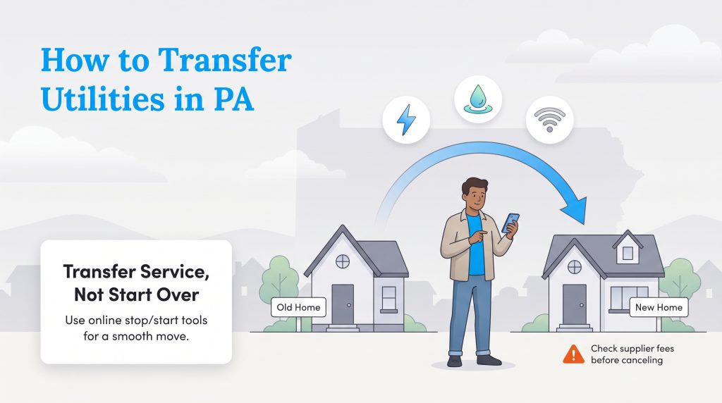 Illustration of a person transferring utilities from an old home to a new home using a smartphone