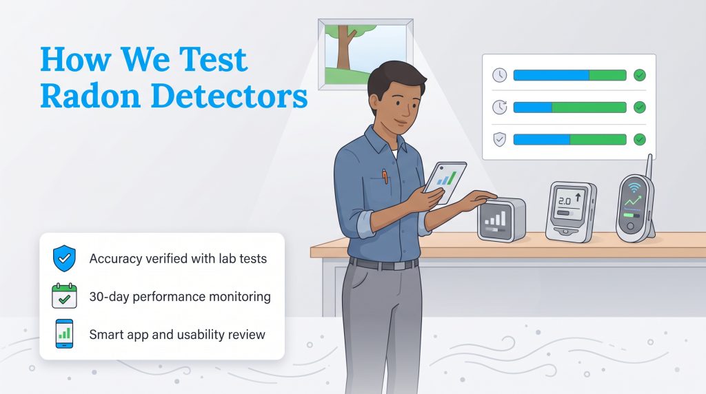 Graphic showing how radon detectors are tested for accuracy, performance, and app usability.