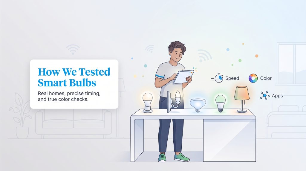 Illustration of a person using a tablet to test various smart light bulbs on speed and color