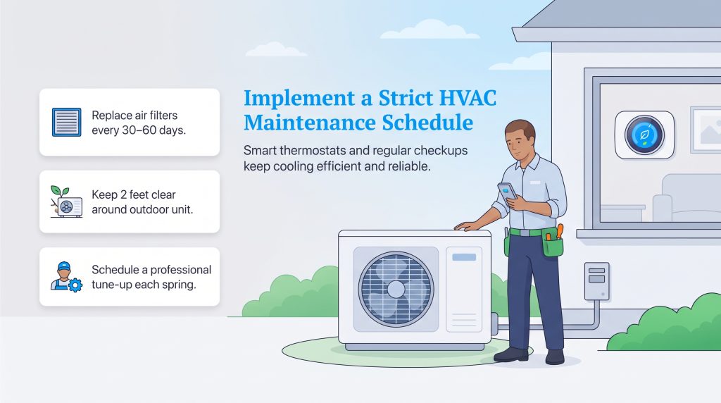 Illustration of an HVAC technician inspecting an outdoor AC unit with maintenance tips listed