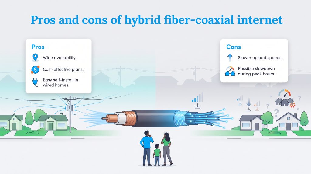 Infographic listing pros and cons of hybrid fiber-coaxial internet