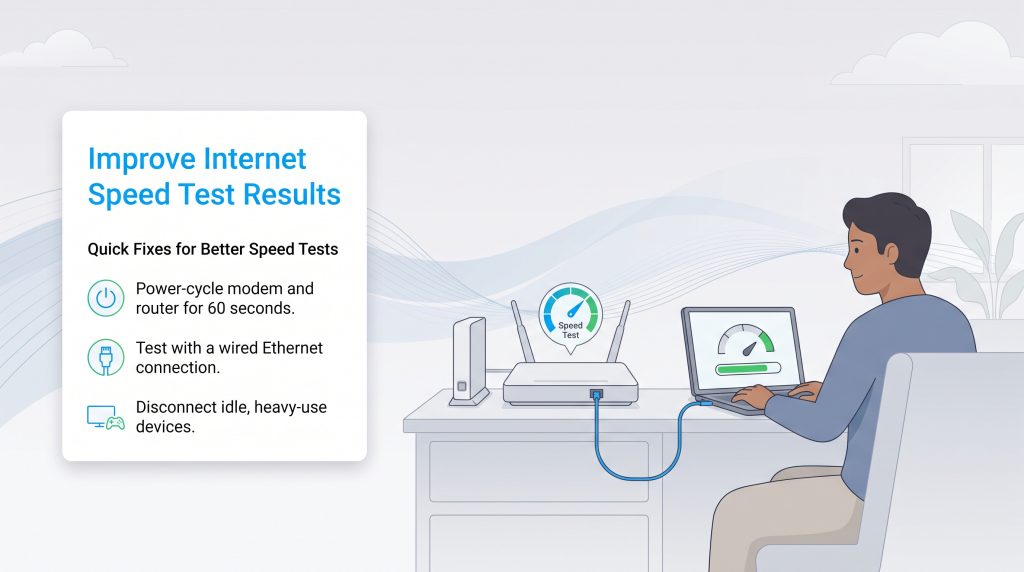 An illustration showing quick fixes to improve internet speed test results.