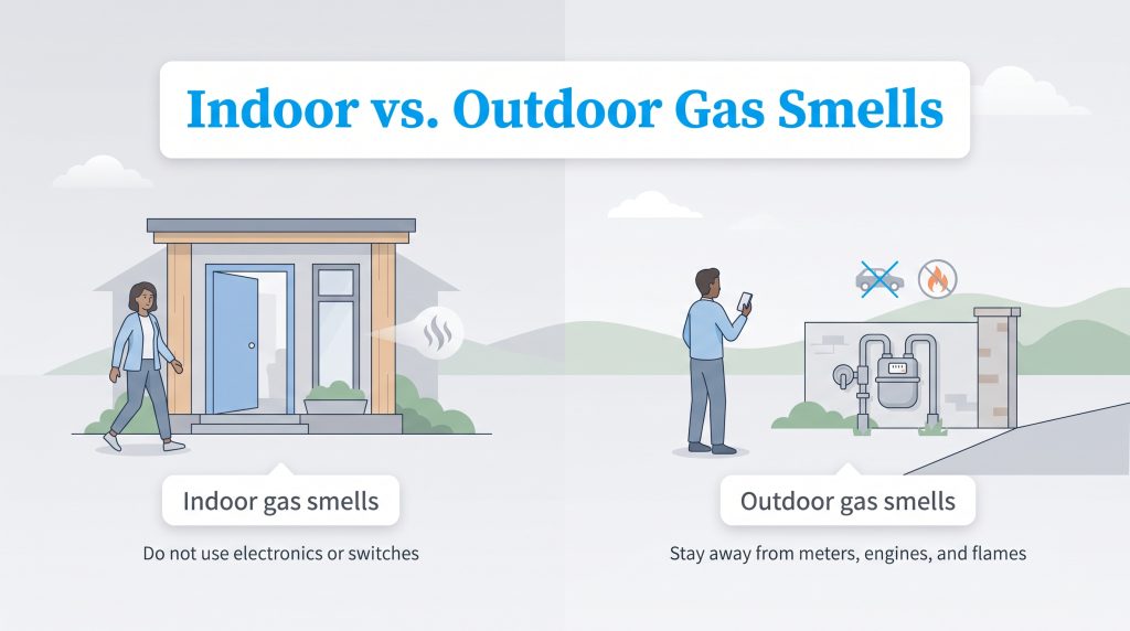 Infographic comparing safety protocols for smelling gas indoors versus outdoors
