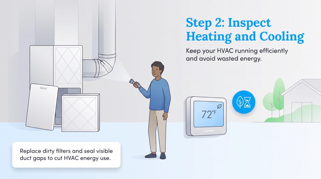 An illustration of a person inspecting HVAC ductwork with a flashlight near a smart thermostat