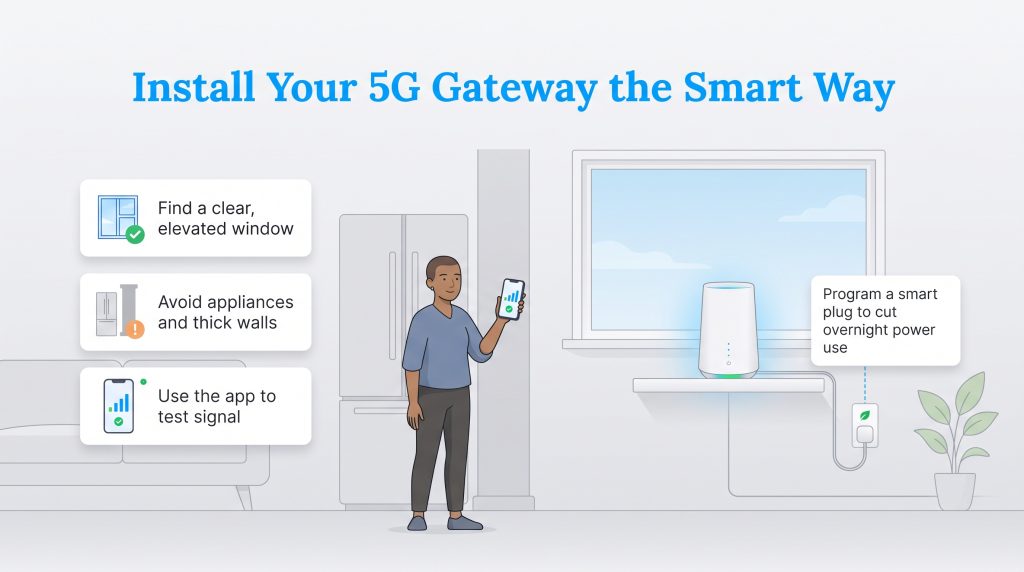 Illustration showing how to set up a 5G gateway by a window using an app and a smart plug