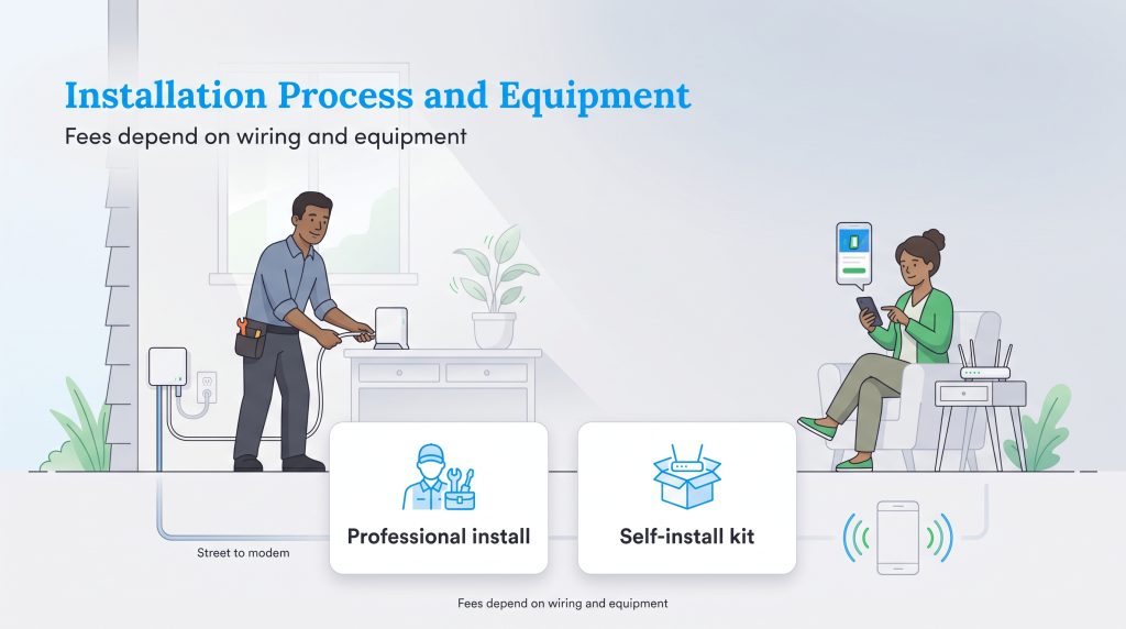 Illustration comparing professional installation and self-installation kits for internet.