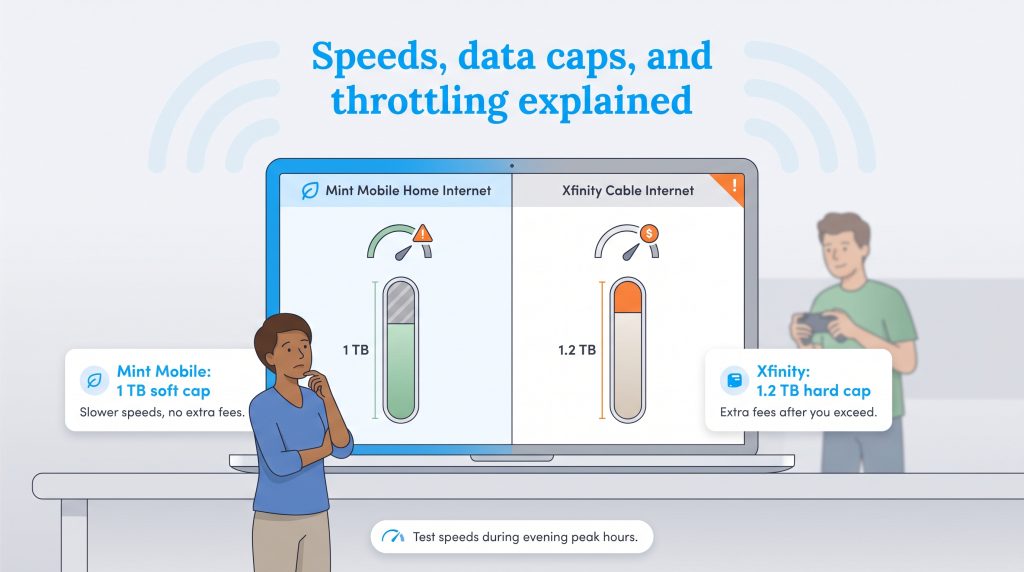 Graphic comparing Mint Mobile 1TB soft data cap to Xfinity 1.2TB hard data cap
