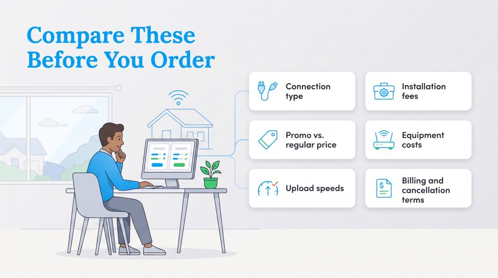 Illustration of a checklist showing key factors to compare before ordering internet service