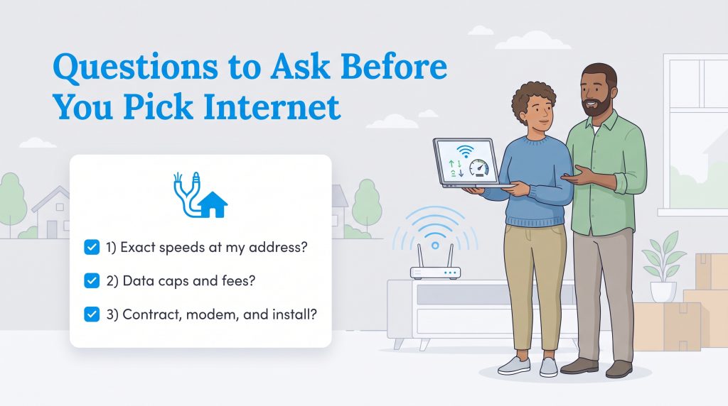 Checklist of key questions to ask an internet provider illustrated with a couple in their home.