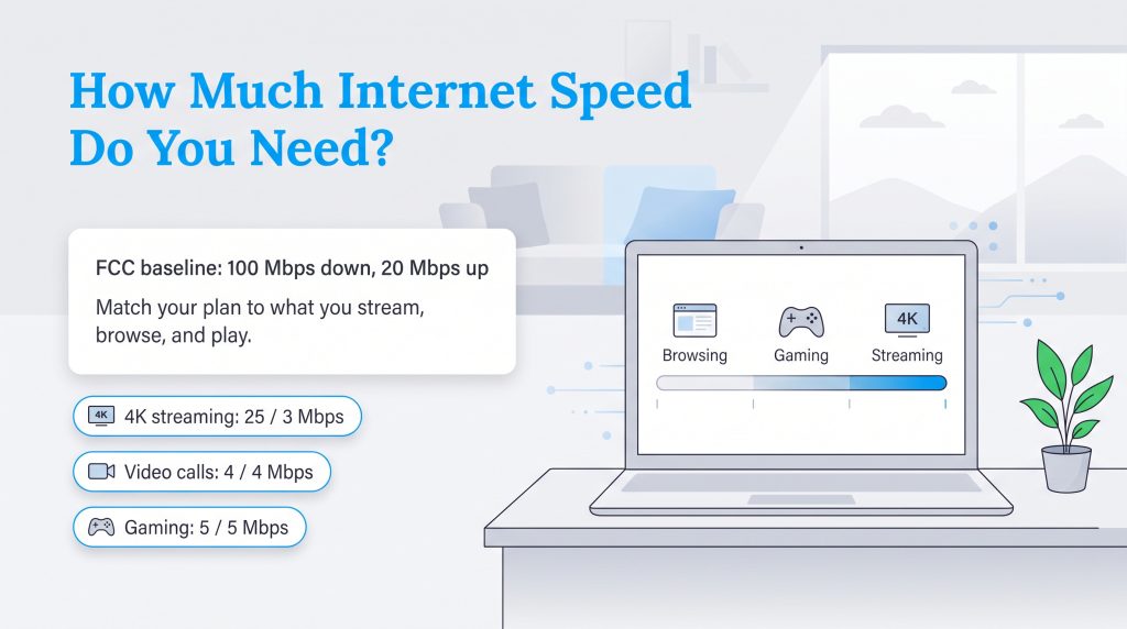 Graphic showing FCC baseline internet speeds and requirements for streaming, gaming, and calls.