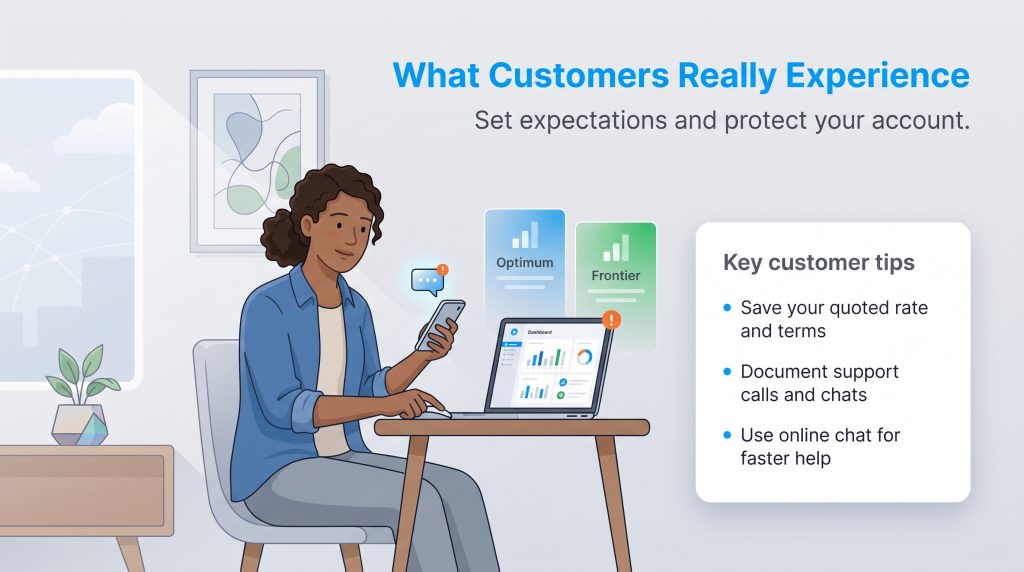 Illustration of a woman using a laptop and phone next to a list of ISP customer support tips
