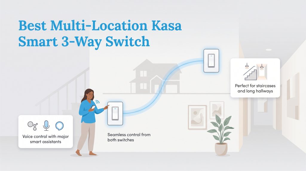 Infographic showing Kasa Smart 3-Way Switch features for staircases and hallways