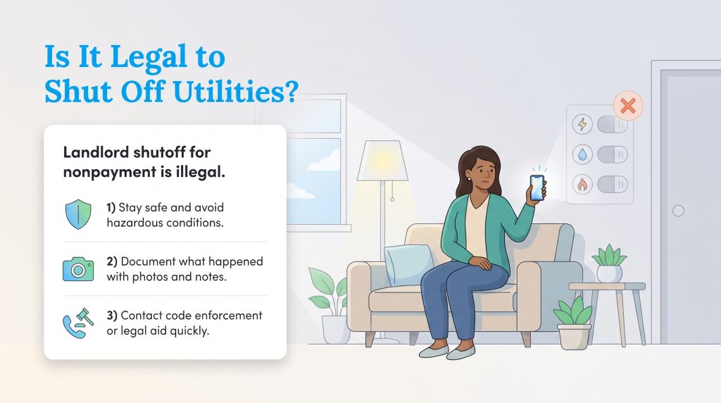An illustration of a tenant in a dark room with tips on handling illegal utility shutoffs