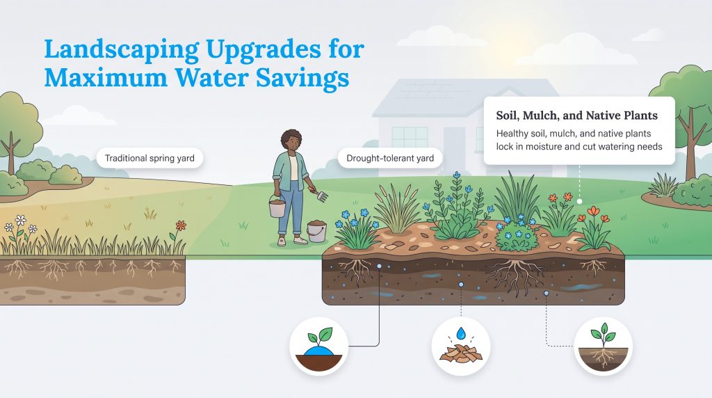 Illustration comparing a traditional dry lawn to a drought-tolerant yard with mulch and plants.