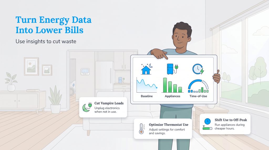Illustration of a man holding a screen with tips on how to lower energy bills using data