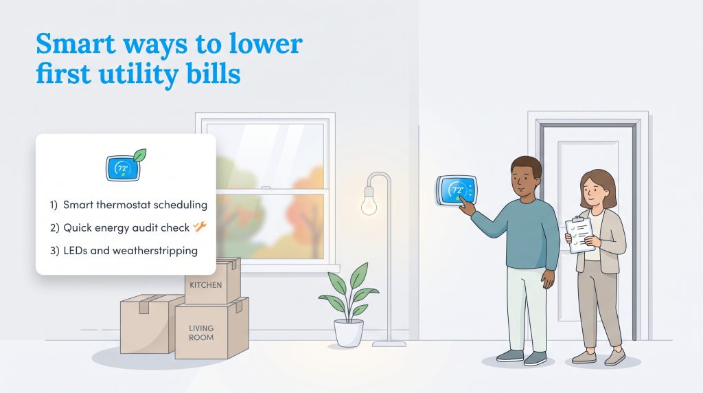 An illustration showing a couple adjusting a smart thermostat and reviewing an energy audit.