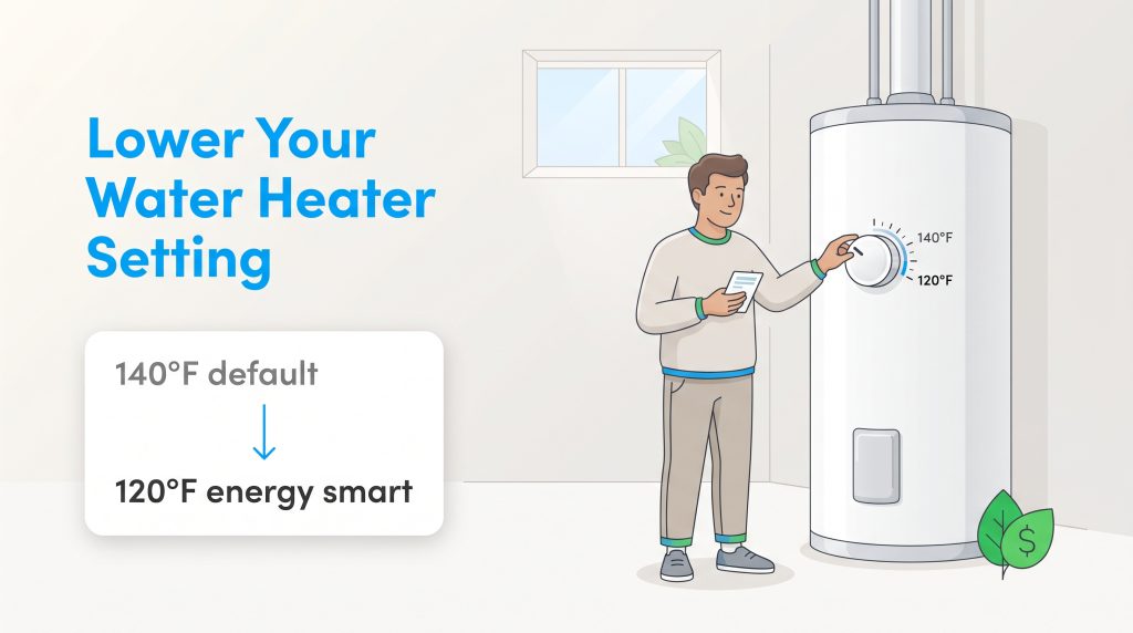 A man adjusts his water heater temperature dial from 140 to 120 degrees Fahrenheit