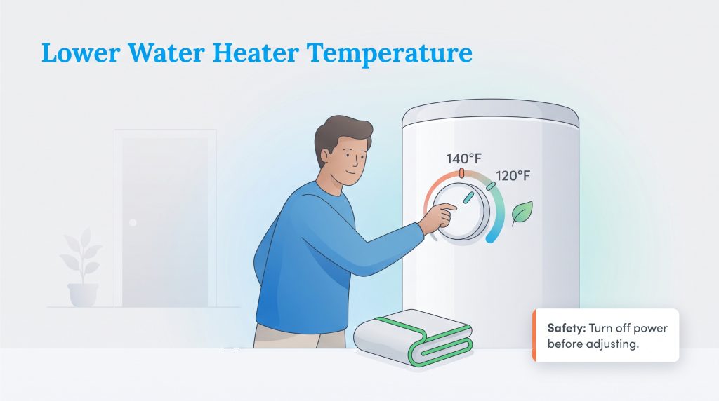 Illustration of a man turning a water heater dial from 140 to 120 degrees Fahrenheit.