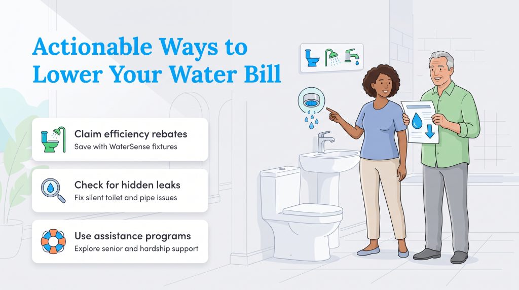 Graphic listing three steps to lower water bills: rebates, leak checks, and assistance programs