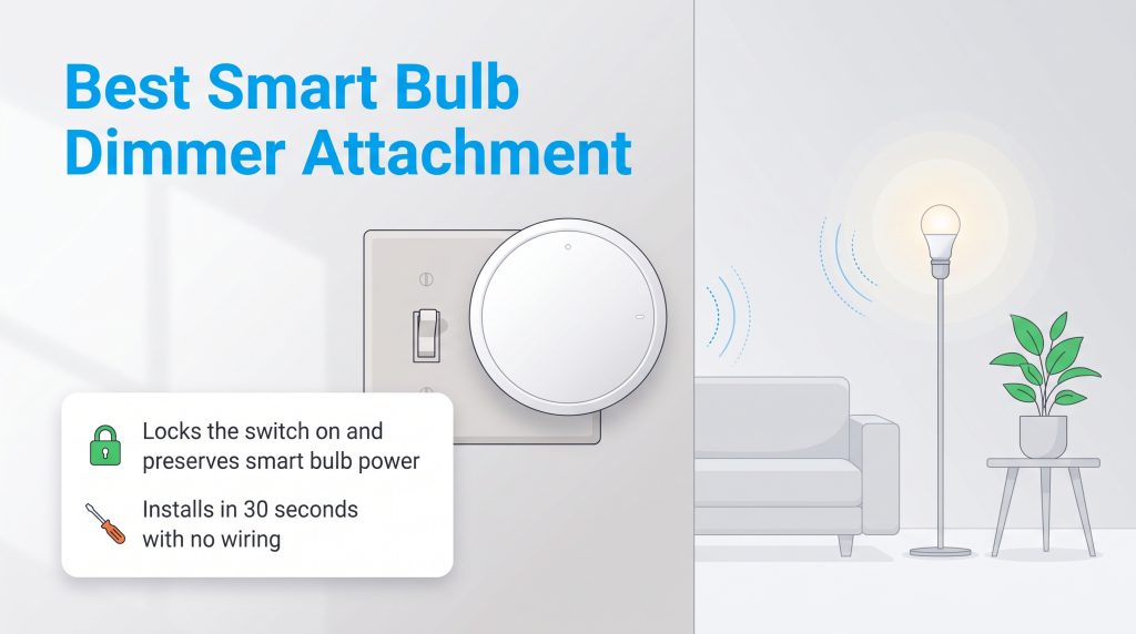 Lutron Aurora dimmer knob attached to a wall light switch controlling a nearby smart lamp
