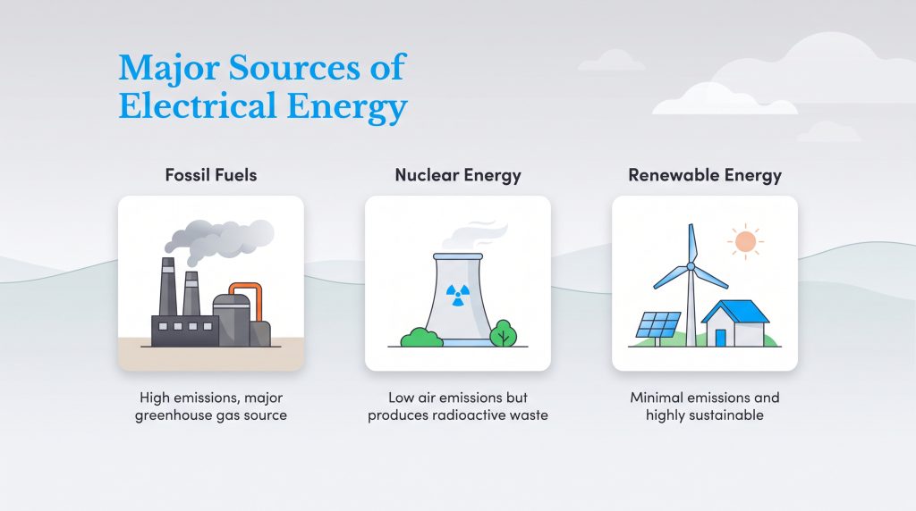 Three major sources of electrical energy and their respective environmental impacts.