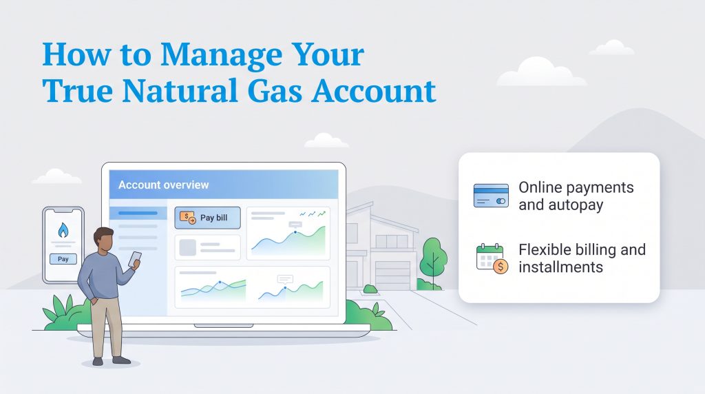 A person using a laptop and smartphone to manage their True Natural Gas account online.