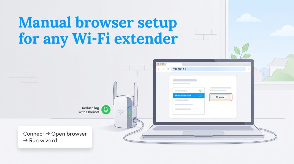 Illustration of a manual Wi-Fi extender setup using a web browser on a laptop.