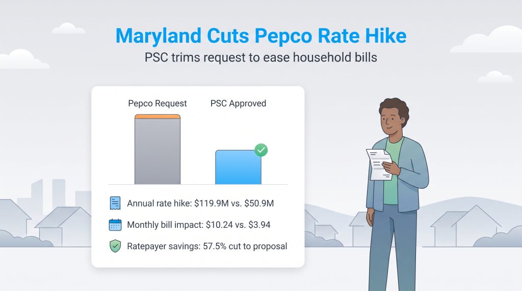 Chart comparing Pepco requested rate hike with the lower approved Maryland PSC rate hike