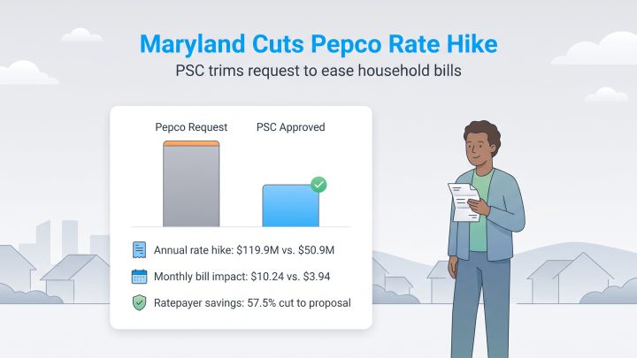 Chart comparing Pepco requested rate hike with the lower approved Maryland PSC rate hike