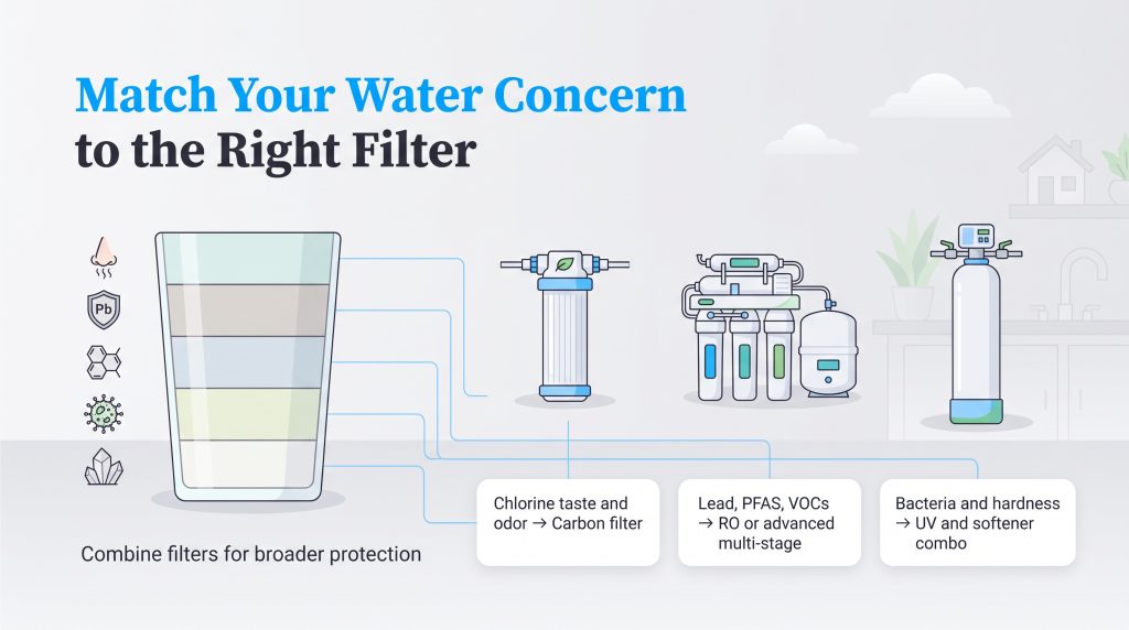 Illustration matching water contaminants to carbon, RO, and UV water filtration systems.