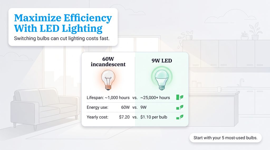 Comparison chart of 60W incandescent versus 9W LED bulb lifespan, energy use, and yearly cost.