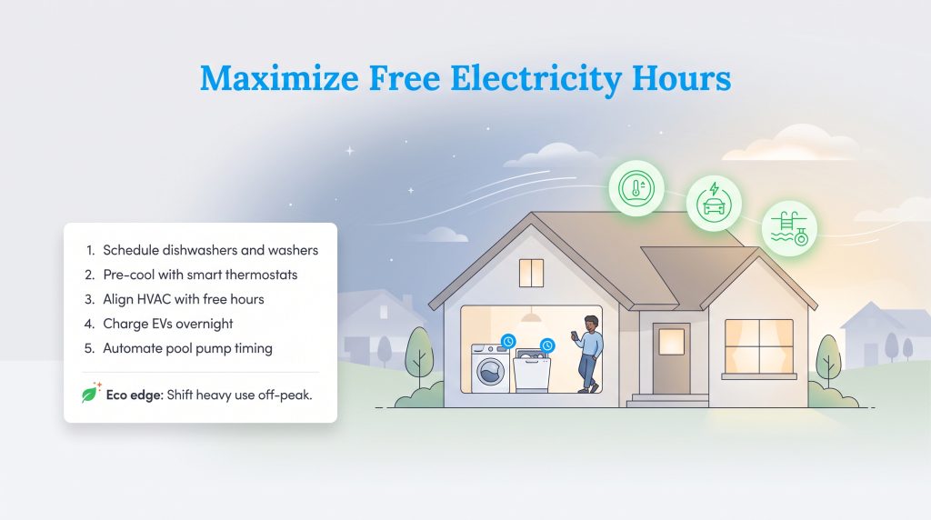 Graphic listing five ways to maximize energy savings during free electricity hours.