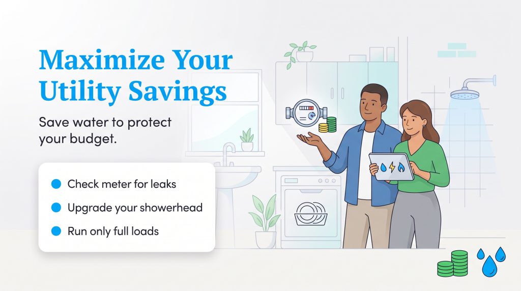 Illustration of a couple tracking utilities next to water-saving tips.
