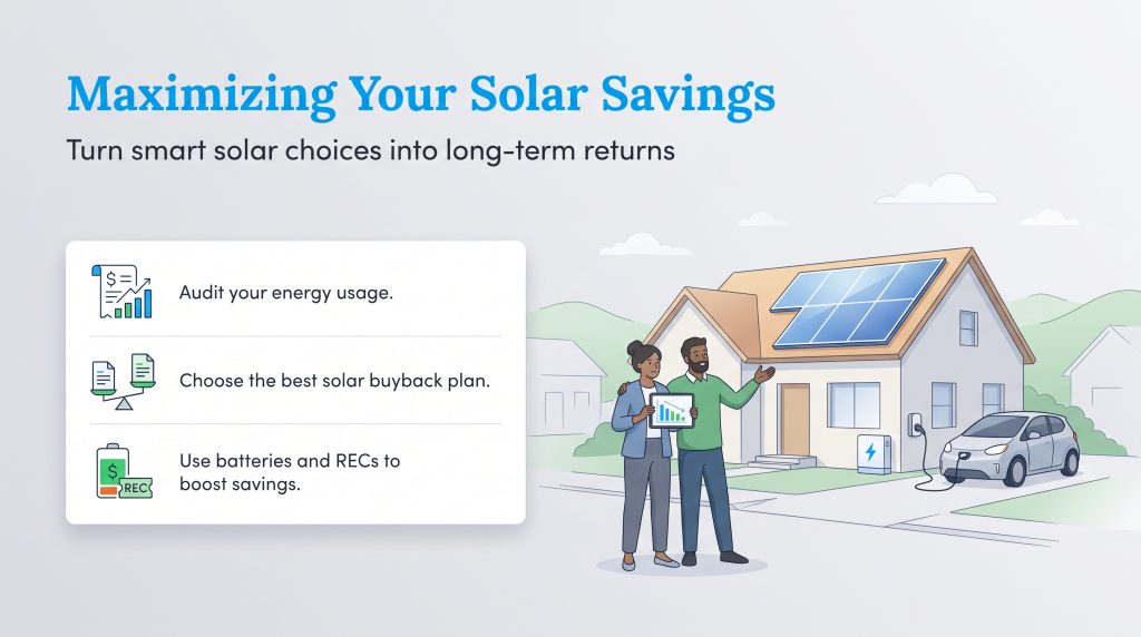 Illustration of steps to maximize home solar savings with an energy-efficient house