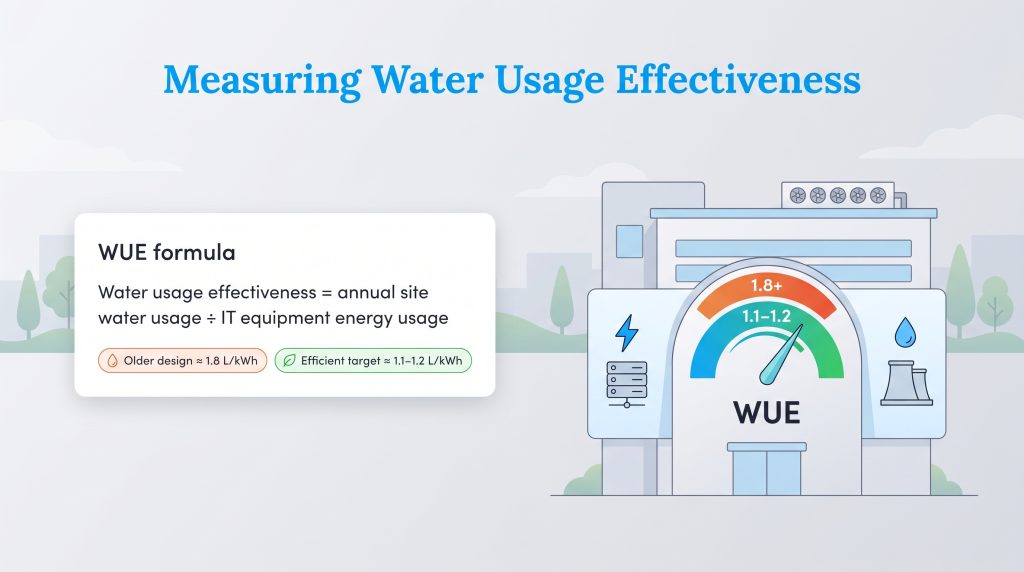 Diagram of the WUE formula and a dial gauge showing water efficiency targets for data centers.