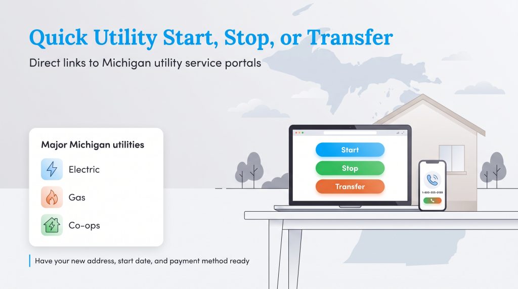Graphic showing a laptop and phone interface to start, stop, or transfer Michigan utilities