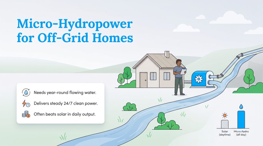 Graphic showing how a home micro-hydropower system generates steady 24/7 power from a stream