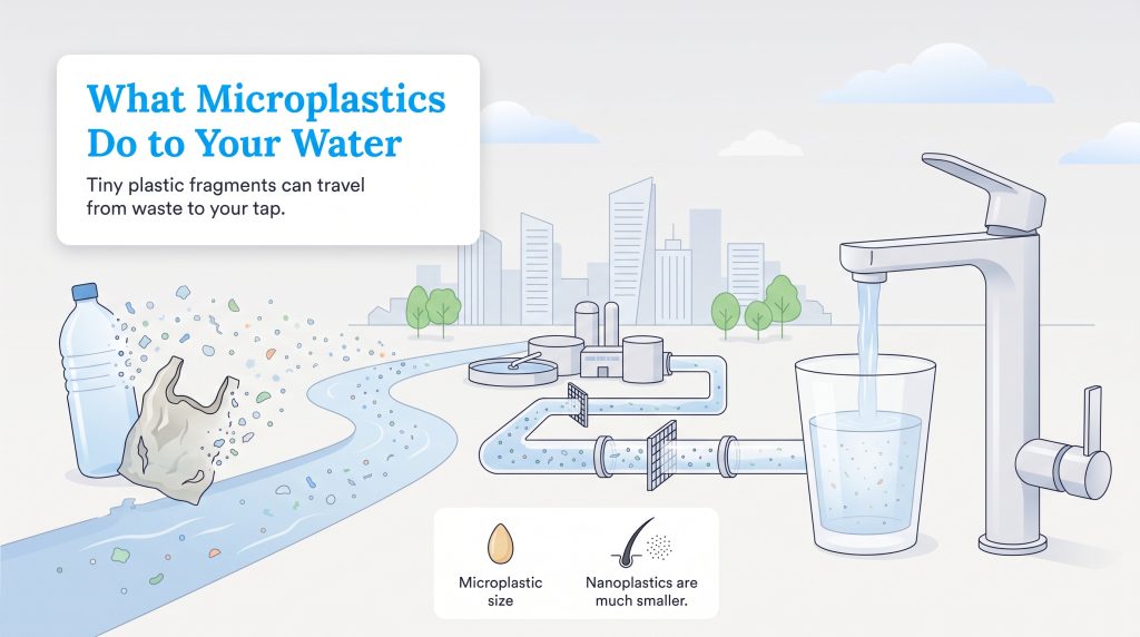 Illustration showing plastic waste degrading into particles and entering drinking water