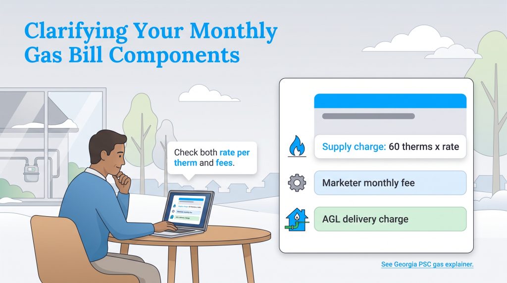 Diagram of gas bill charges with supply charge, marketer fee, and AGL delivery charge