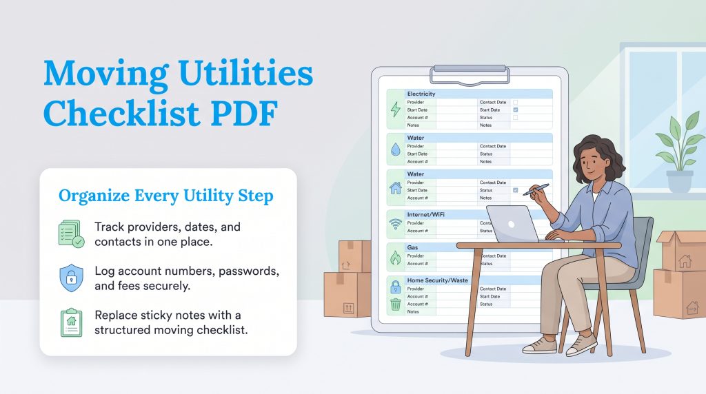 Woman organizing services with a digital moving utilities checklist