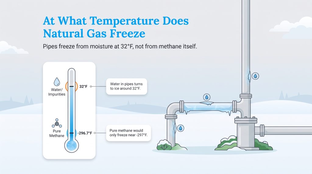 Freezing points of pure methane at minus 297 degrees F and water impurities at 32 degrees F.