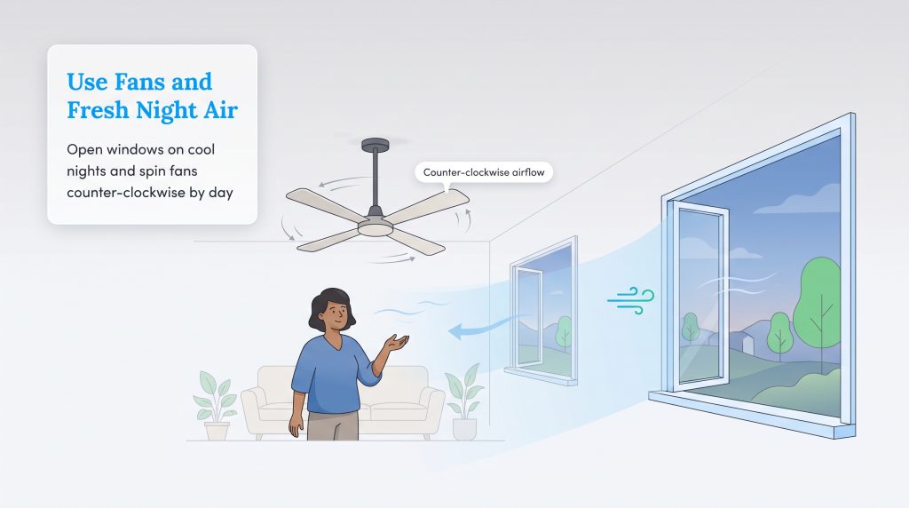 Illustration of a room cooled by open windows and a counter-clockwise ceiling fan