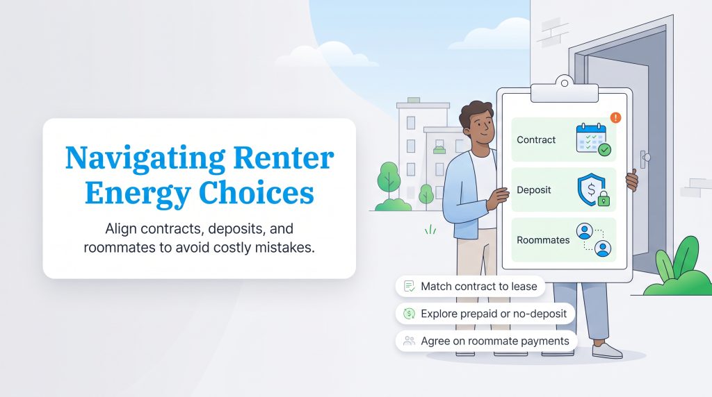 Illustration outlining key renter energy tips: contract matching, deposits, and roommate bills.