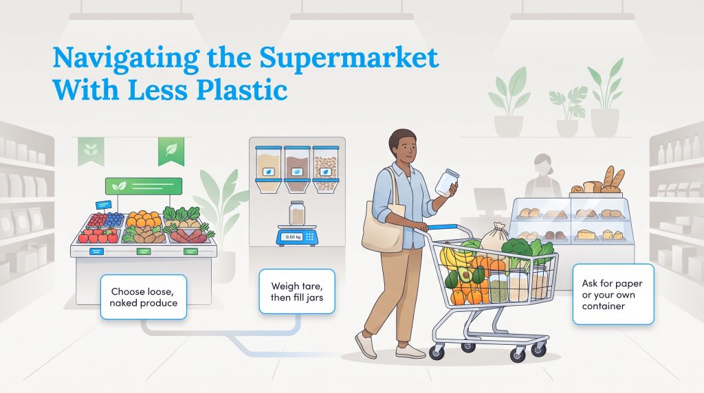 Illustration of a shopper choosing plastic-free produce and using bulk bins at a supermarket.